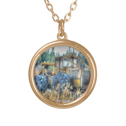 Farm Machinery Tractor Back_Hoe Farm Vehicle Gold Plated Necklace