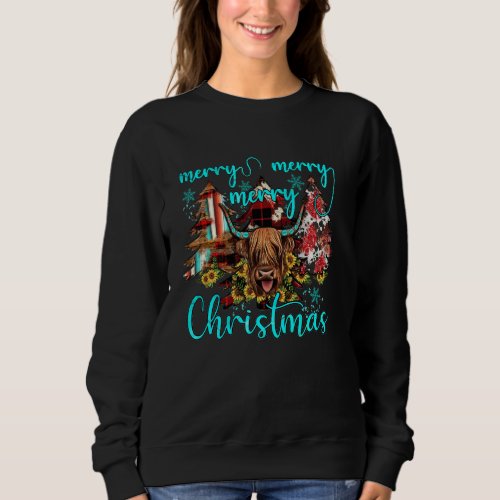 Farm Merry Christmas Tree Turquoise Highland Cow C Sweatshirt