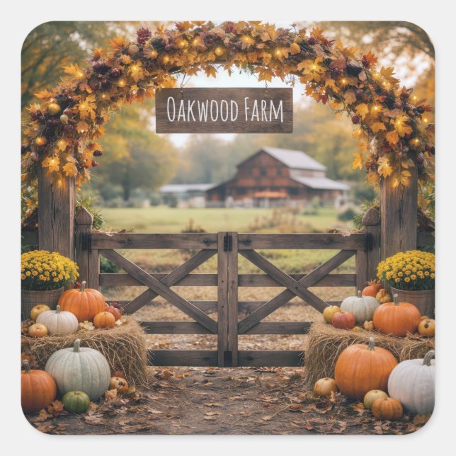Farm Name on Autumn Gate Square Sticker (Front)