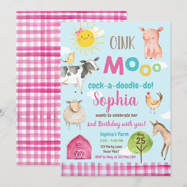 Farm Old MacDonald Barnyard Pink Animals Party Invitation (Front/Back)