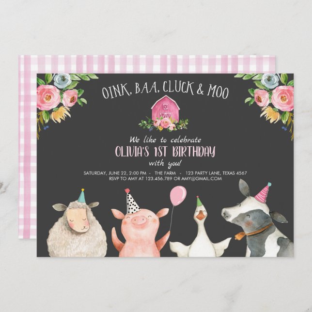 Farm Old MacDonald Barnyard Pink Animals Party Invitation (Front/Back)