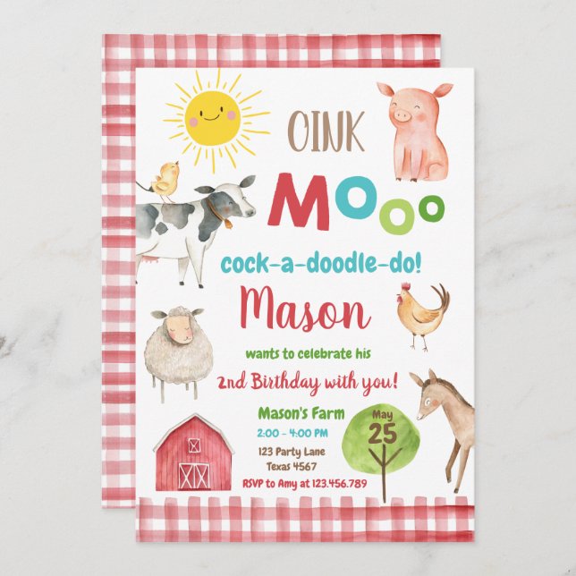 Farm Old MacDonald Barnyard Red Animals Party Invitation (Front/Back)