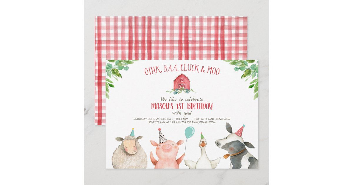 Farm Old MacDonald Barnyard Red Boy Animals Party Invitation | Zazzle