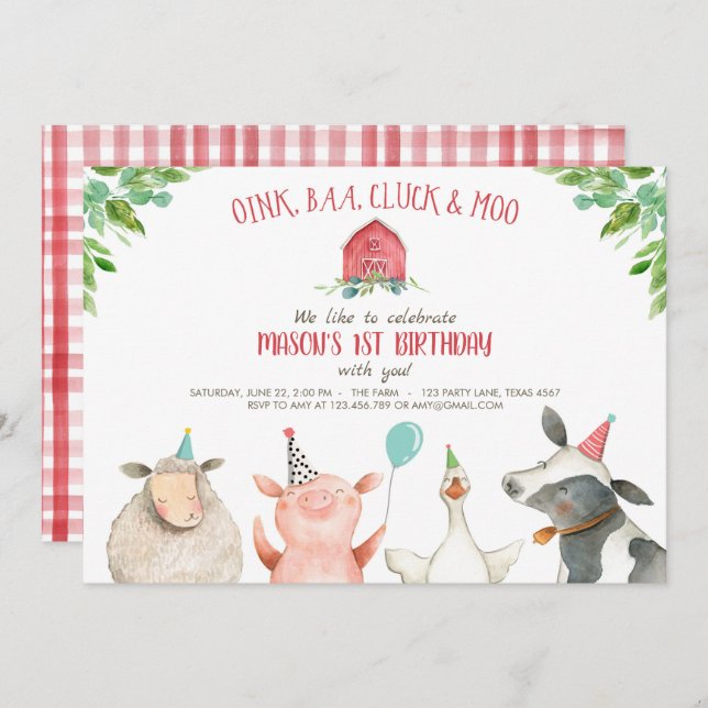 Farm Old MacDonald Barnyard Red Boy Animals Party Invitation (Front/Back)