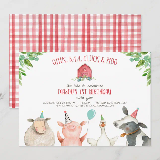 Farm Old MacDonald Barnyard Red Boy Animals Party Invitation | Zazzle