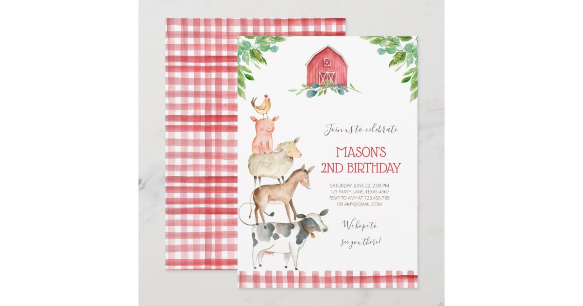 Farm Old MacDonald Barnyard Red Boy Animals Party Invitation | Zazzle