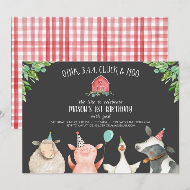 Farm Old MacDonald Barnyard Red Boy Animals Party Invitation (Front/Back)