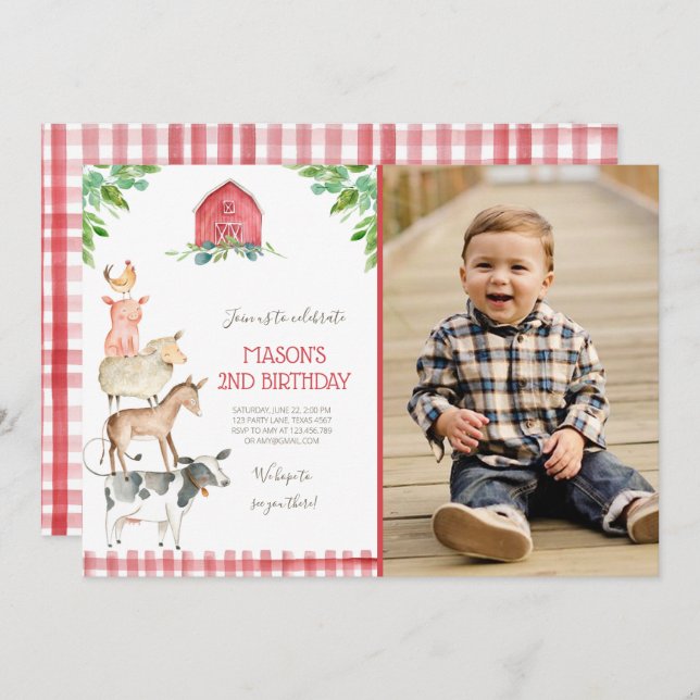 Farm Old MacDonald Barnyard Red Boy Animals Party Invitation (Front/Back)