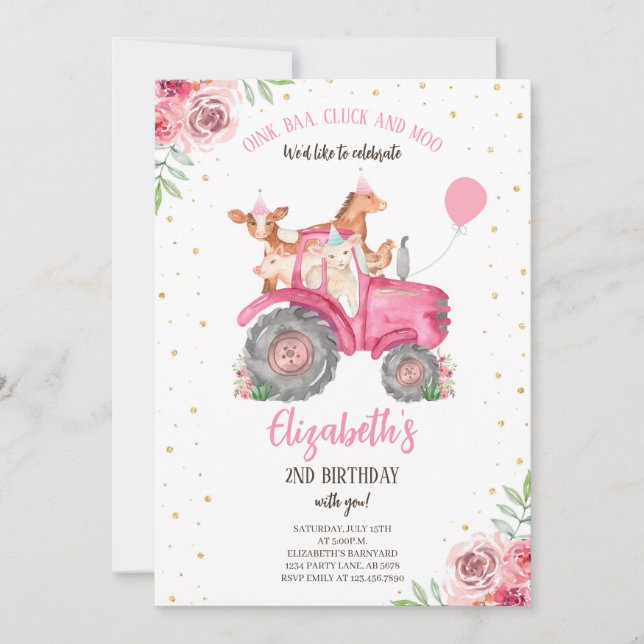 Farm Party Animals Pink Tractor Invitation (Front)