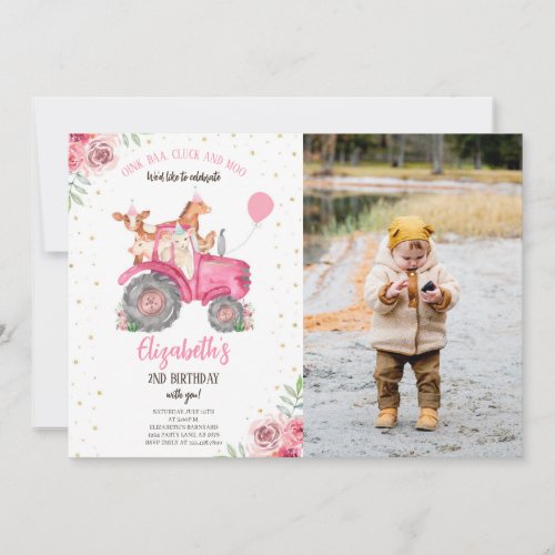 Farm Party Animals Pink Tractor Photo Invitation