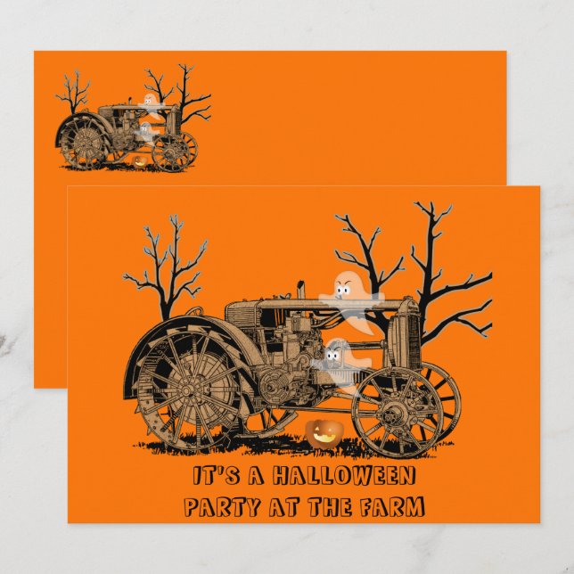 FARM PARTY Farm Tractor Ghosts JACK O LANTERN Invitation (Front/Back)