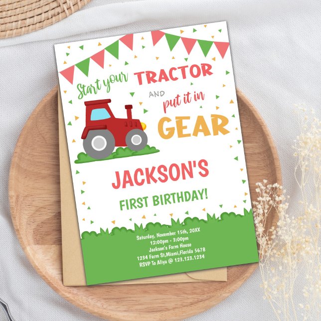 Farm Party for Boys Invitation (Red Flags Tractor Birthday Invitations)