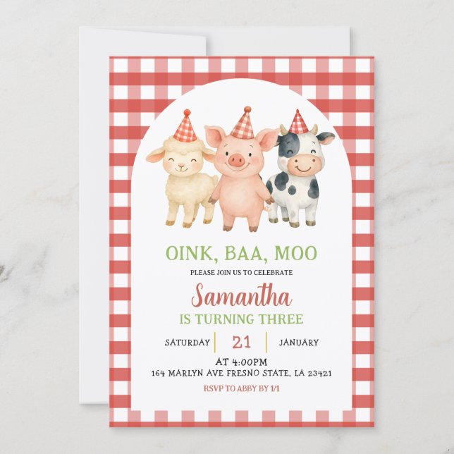 Farm Party Gingham Birthday Invitation (Front)