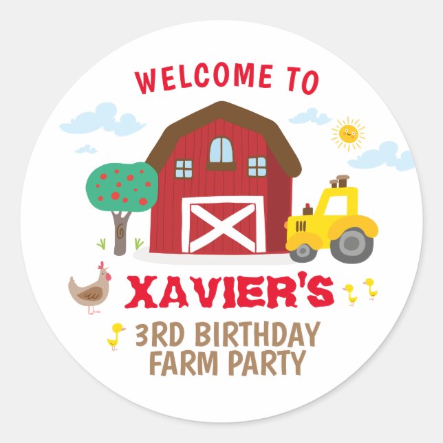 Farm party sticker, barnyard party favor sticker (Front)