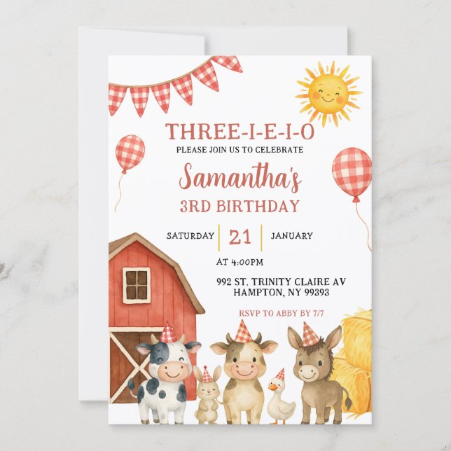 Farm Party Three-i-e-i-o Birthday Invitation (Front)