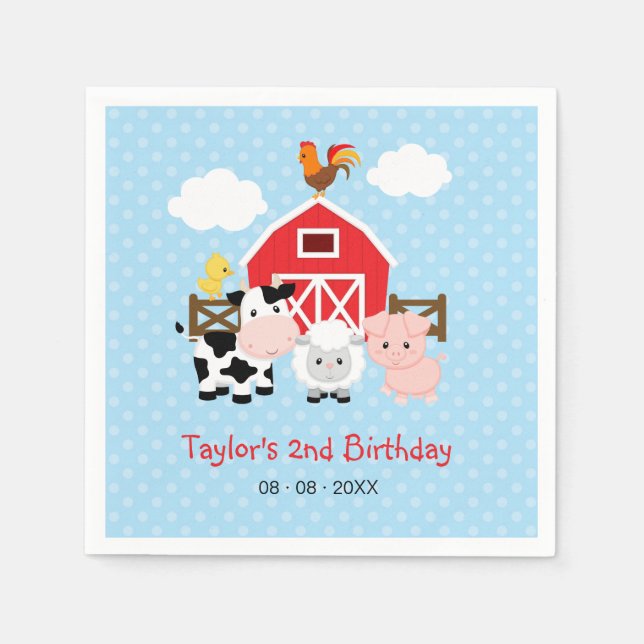 Farm Personalized Birthday (Blue for Boys) Napkins (Front)