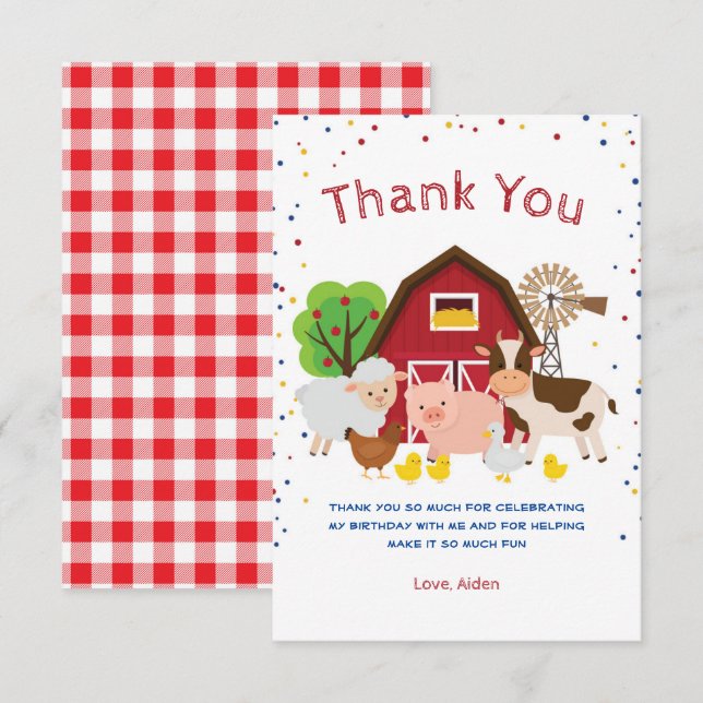 Farm petting zoo birthday party thank you card (Front/Back)