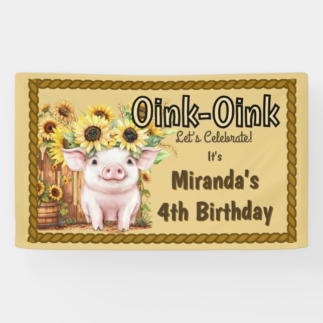 Farm Pig Sunflowers Barnyard 4th Birthday Banner (Horizontal)