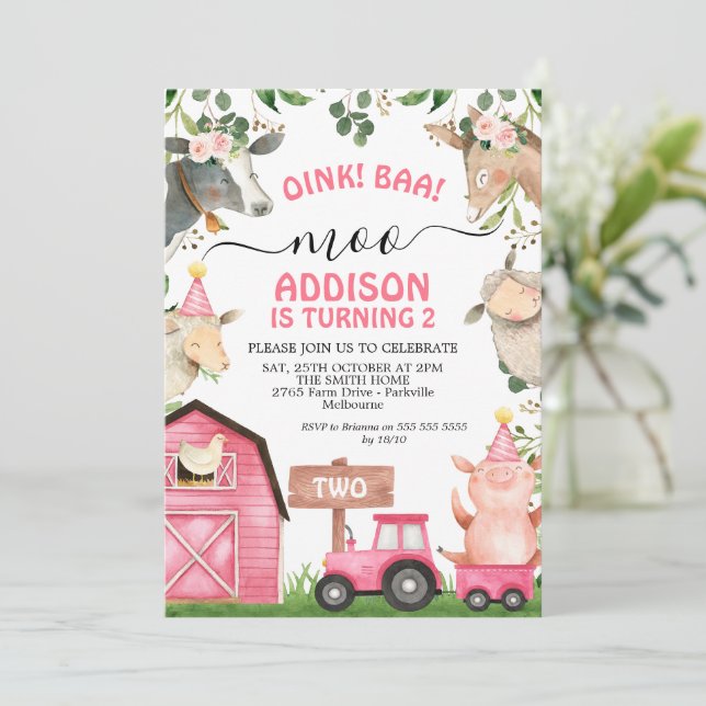 Farm Pink Barn and Tractor Girls Birthday Invitation (Standing Front)
