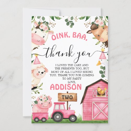 Farm Pink Barn Tractor Birthday Thank You Card