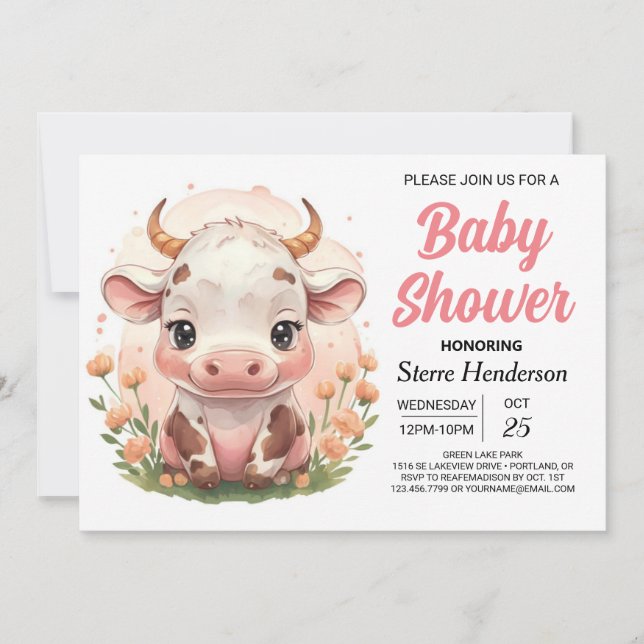 Farm Printable Pink Cow Baby Shower Invitation (Front)