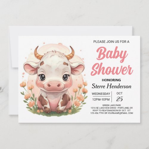 Farm Printable Pink Cow Baby Shower Invitation