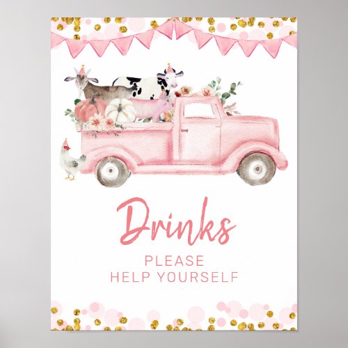 Farm Pumpkin Pink Truck Drive By Birthday Drinks Poster
