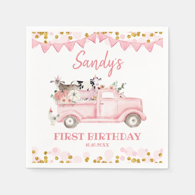 Farm Pumpkin Pink Truck Drive By Birthday Paper Napkins (Front)