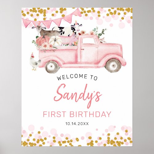 Farm Pumpkin Pink Truck Drive By Birthday Welcome Poster