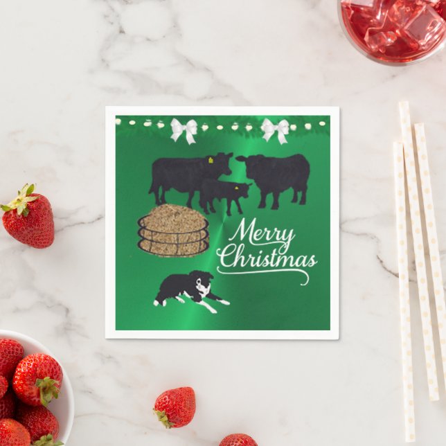 Farm Ranch Black Angus Cattle And Dog Christmas Napkins (Insitu)