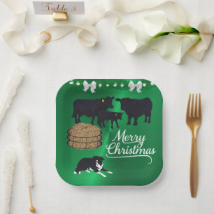 Farm Ranch Black Angus Cattle And Dog Christmas Paper Plates