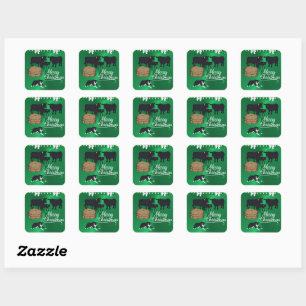 Farm Ranch Black Angus Cattle And Dog Christmas Square Sticker