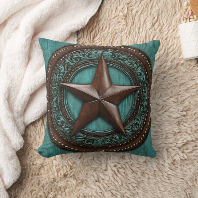 Farm Ranch Country Western Turquoise Texas Star  Throw Pillow (Blanket)