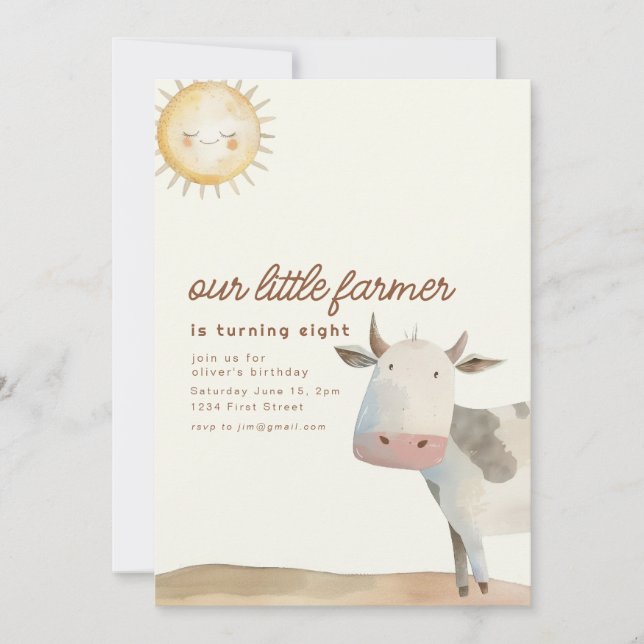 Farm Ranch Themed Birthday Invite with Cow (Front)