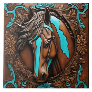 Farm Ranch Western Country Turquoise Brown Horse  Ceramic Tile