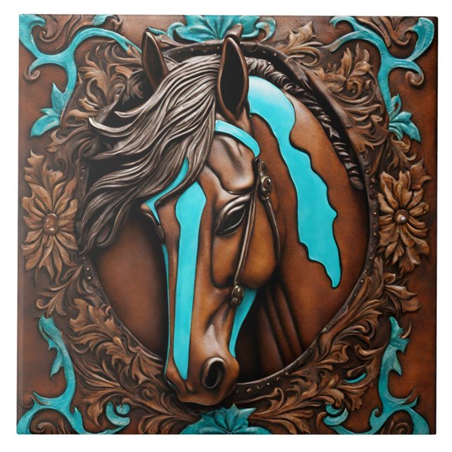 Farm Ranch Western Country Turquoise Brown Horse  Ceramic Tile (Front)