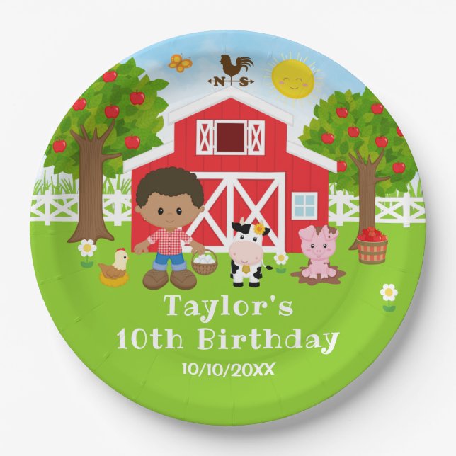Farm Red Barn African American Boy Birthday Party Paper Plates (Front)