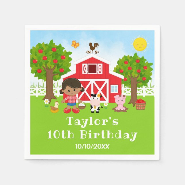 Farm Red Barn African American Girl Birthday Party Napkins (Front)