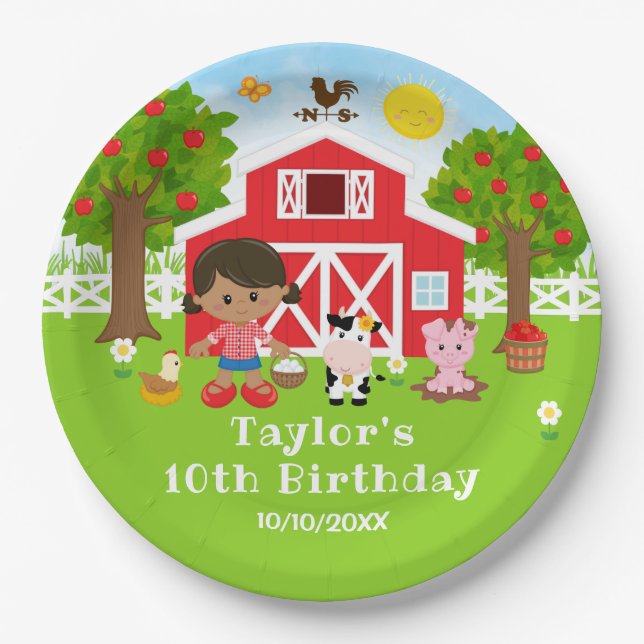 Farm Red Barn African American Girl Birthday Party Paper Plates (Front)