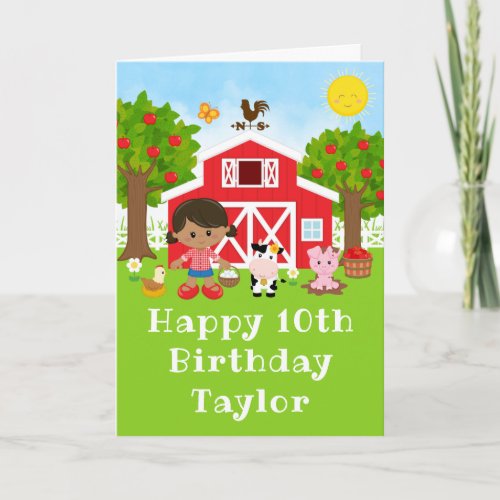 Farm Red Barn African American Girl Happy Birthday Card