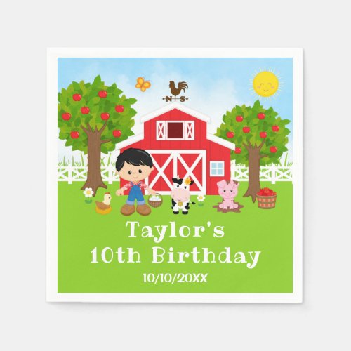 Farm Red Barn Black Hair Boy Birthday Party Napkins