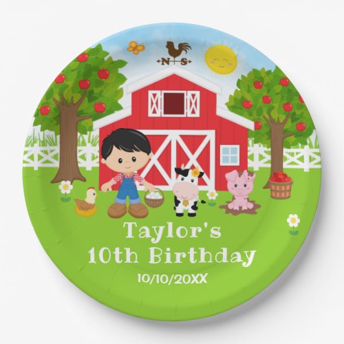 Farm Red Barn Black Hair Boy Birthday Party Paper Plates
