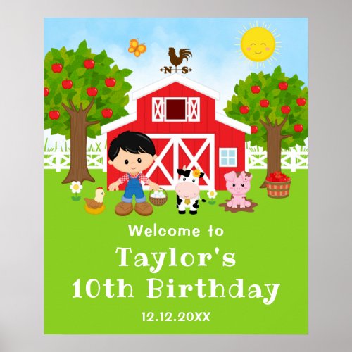 Farm Red Barn Black Hair Boy Birthday Welcome Poster