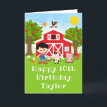 Farm Red Barn Black Hair Boy Happy Birthday Card<br><div class="desc">This cute and fun birthday card can be personalized with a name or title such as son, grandson, nephew, friend etc. It features a black hair boy with fair skin beside a red barn with a rooster wind vane. There are adorable farm animals such as a cow, pig and hen....</div>