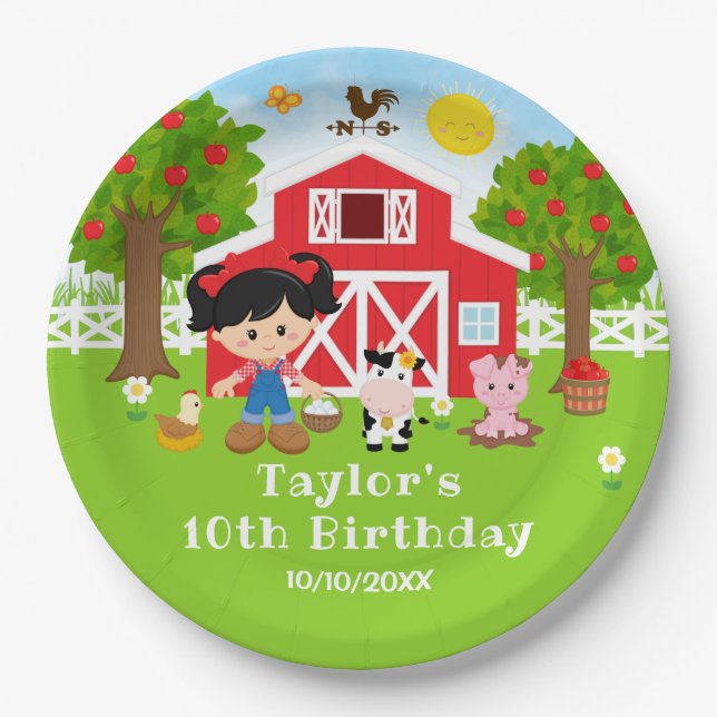 Farm Red Barn Black Hair Girl Birthday Party Paper Plates (Front)