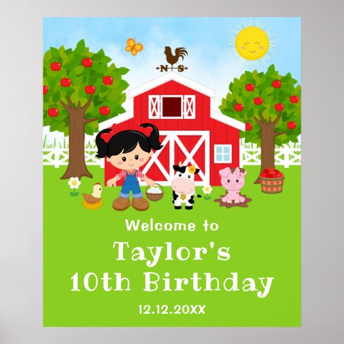 Farm Red Barn Black Hair Girl Birthday Welcome Poster