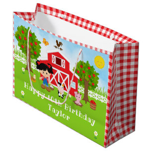 Farm Red Barn Black Hair Girl Happy Birthday Large Gift Bag