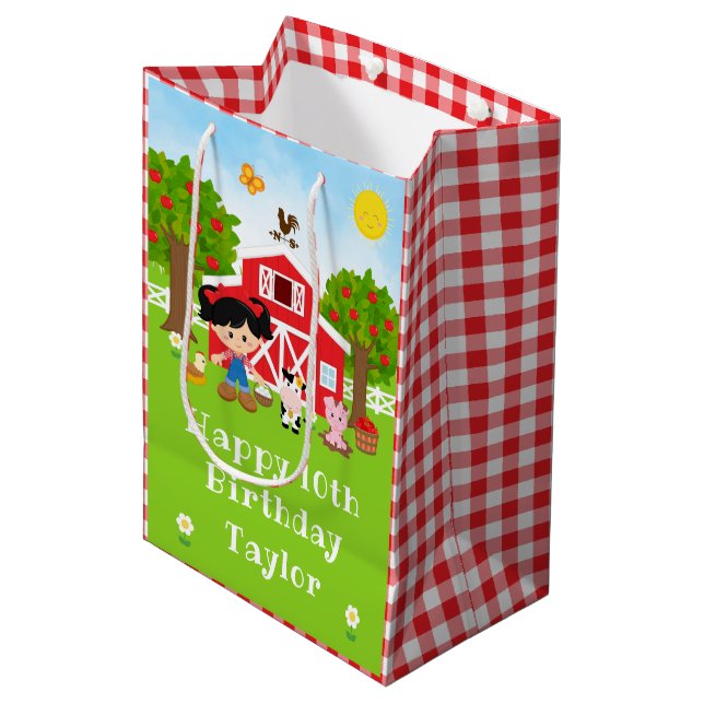 Farm Red Barn Black Hair Girl Happy Birthday Medium Gift Bag (Front Angled)