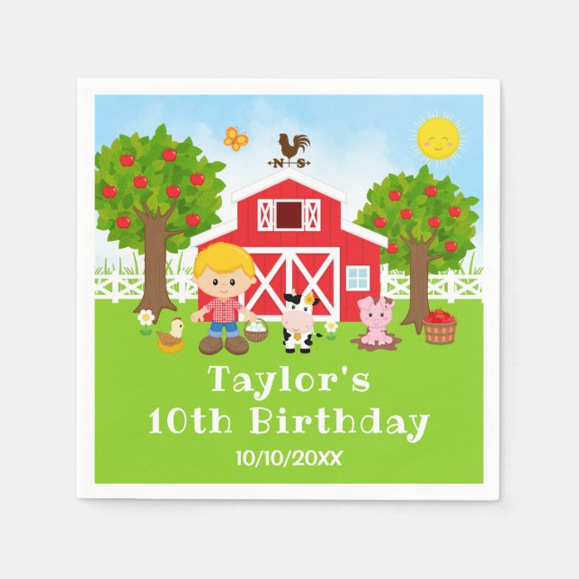 Farm Red Barn Blonde Hair Boy Birthday Party Napkins (Front)