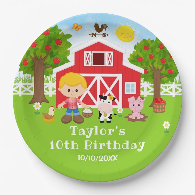 Farm Red Barn Blonde Hair Boy Birthday Party Paper Plates (Front)
